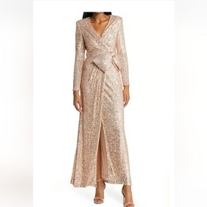 Eliza J  Sequin wrap long sleeve gown  Rose gold